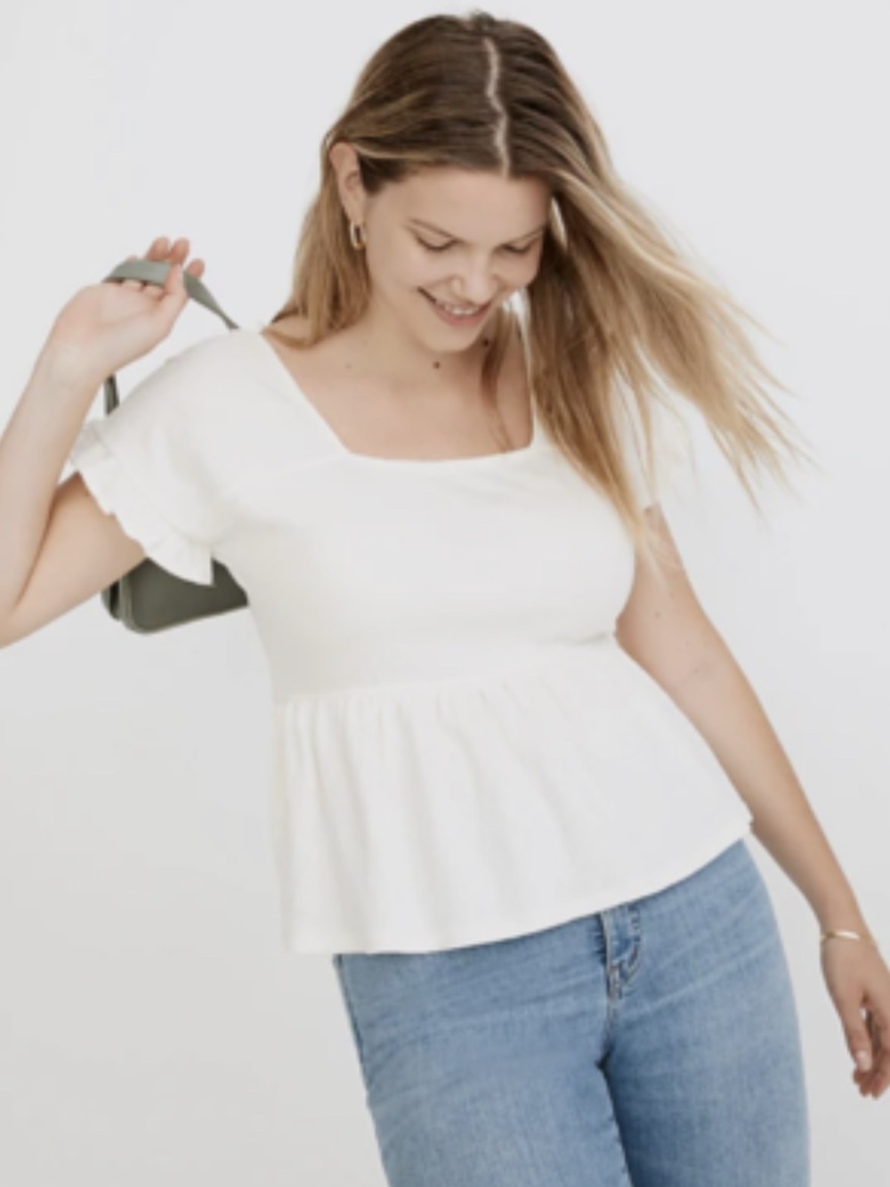 Madewell White Square-Neck Ruffle Sleeve Peplum Top